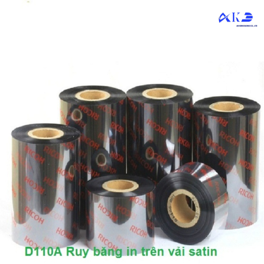 Ruy băng mực in trên vải Satin, nhãn hàng may mặc, care labels . Ruy băng Ricoh D110A size 30mm x 300m