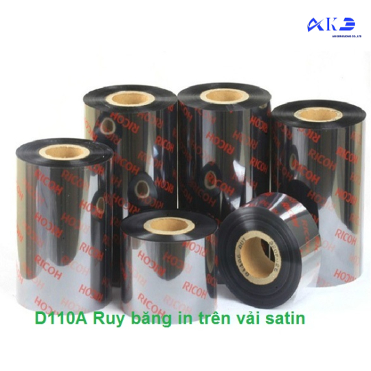 Ruy băng mực in trên vải Satin, nhãn hàng may mặc, care labels . Ruy băng Ricoh D110A size 30mm x 300m